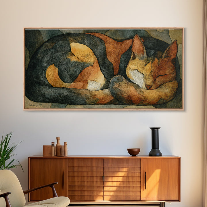 Sleeping Cat Curled Canvas Print, Animal Art, Contemporary Art, Living Room Decor, Oil Painting, Creature, Digital Wall Art, ANI-2x1-32