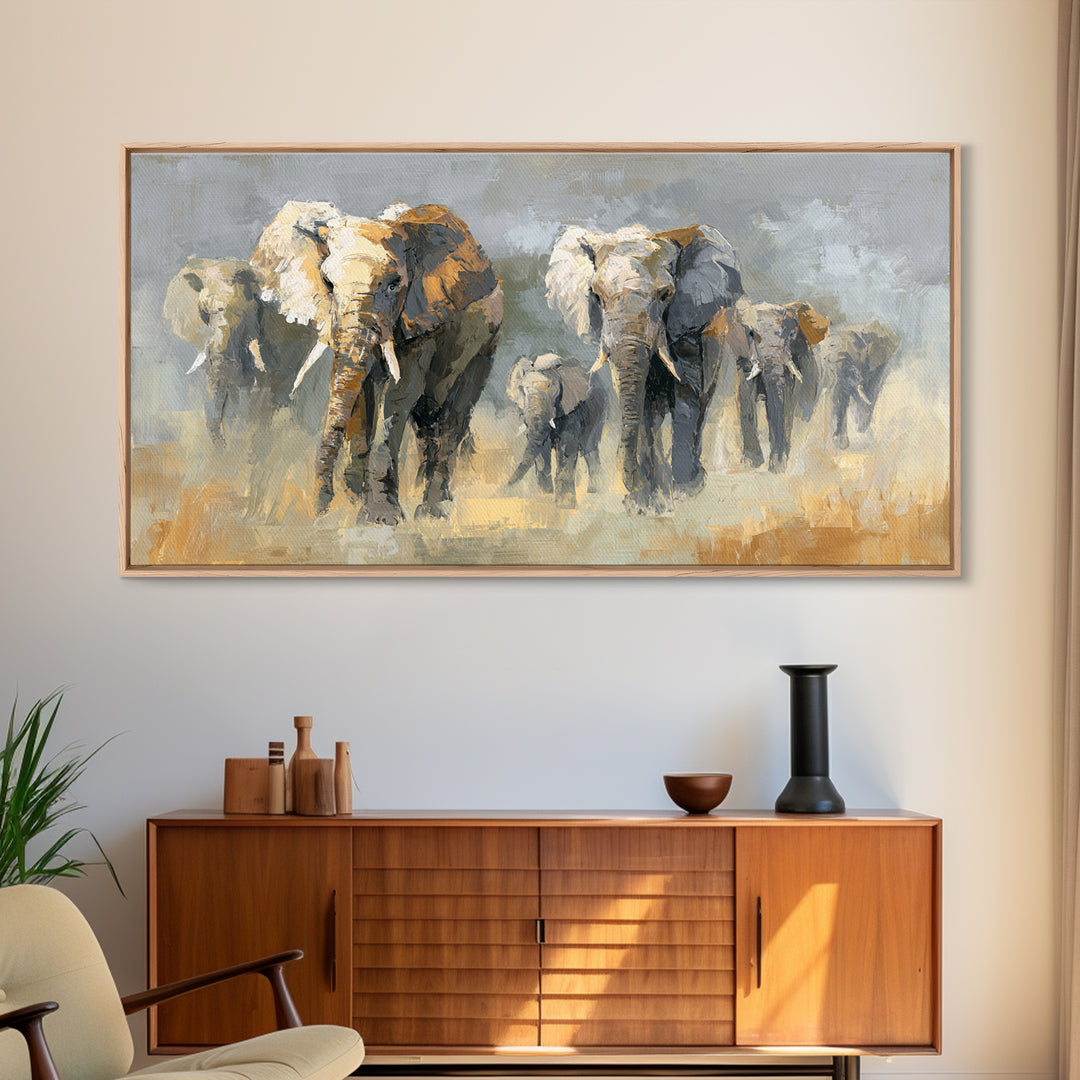 Elephant Family Walking Through Dusty Golden Light Framed Canvas Print, Animal Art, Art Print, Living Room Decor, Creature, ANI-2x1-34