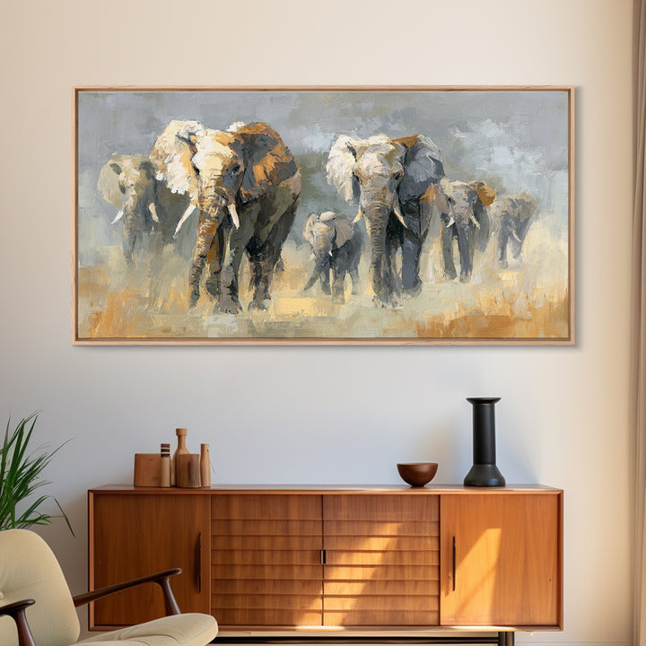 Elephant Family Walking Through Dusty Golden Light Framed Canvas Print, Animal Art, Art Print, Living Room Decor, Creature, ANI-2x1-34