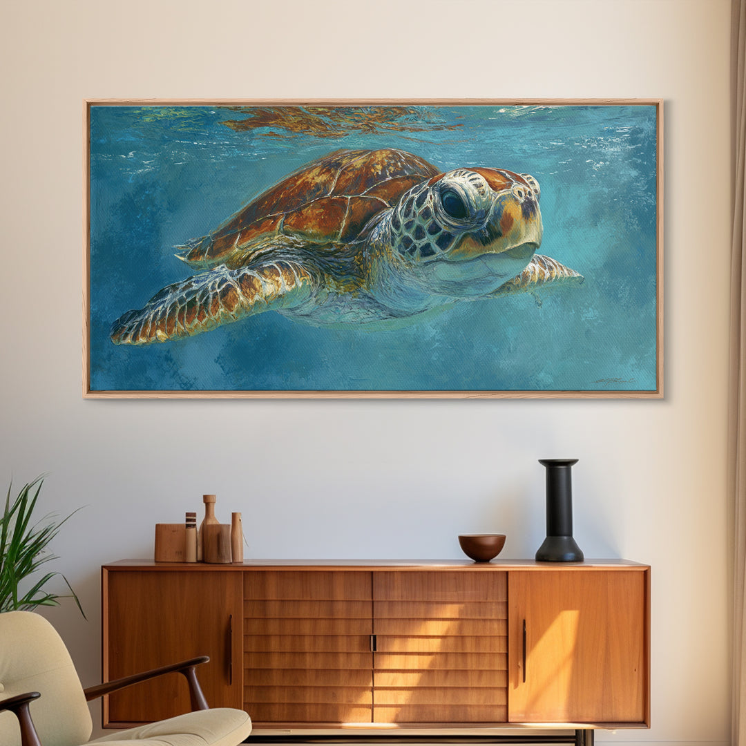 Sea Turtle Drifting Through Luminous Blue Water Canvas Print, Animal Art, Fine Art Print, Living Room Decor, Creature, ANI-2x1-38