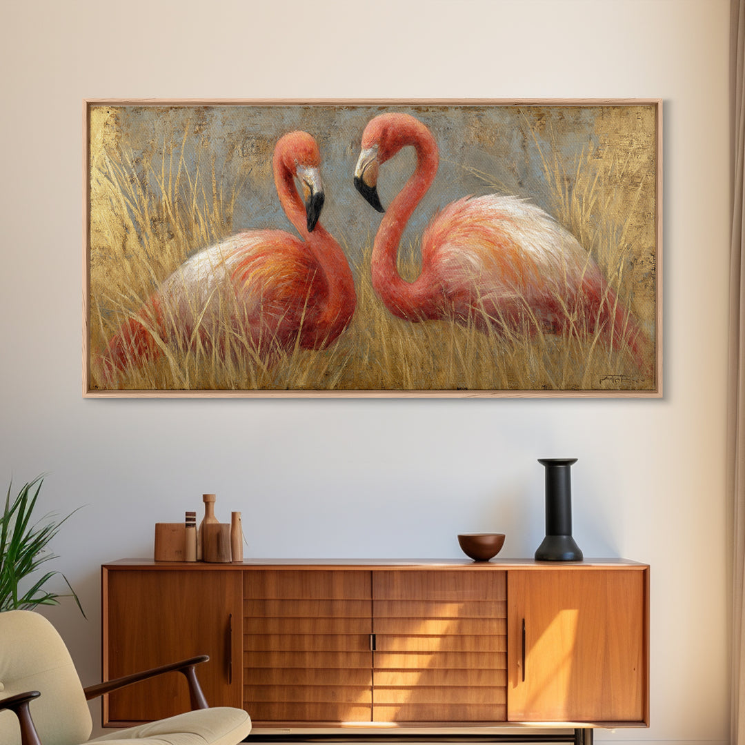 Flamingo Pair in Elegant Coral and Cream Canvas Print, Animal Art, Decor, Living Room Decor, Oil Painting, Creature, ANI-2x1-39