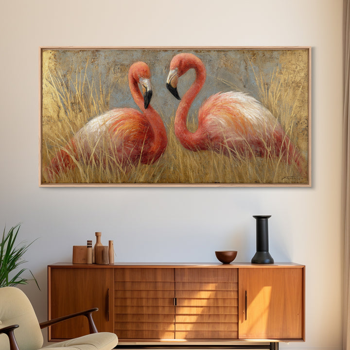 Flamingo Pair in Elegant Coral and Cream Canvas Print, Animal Art, Decor, Living Room Decor, Oil Painting, Creature, ANI-2x1-39
