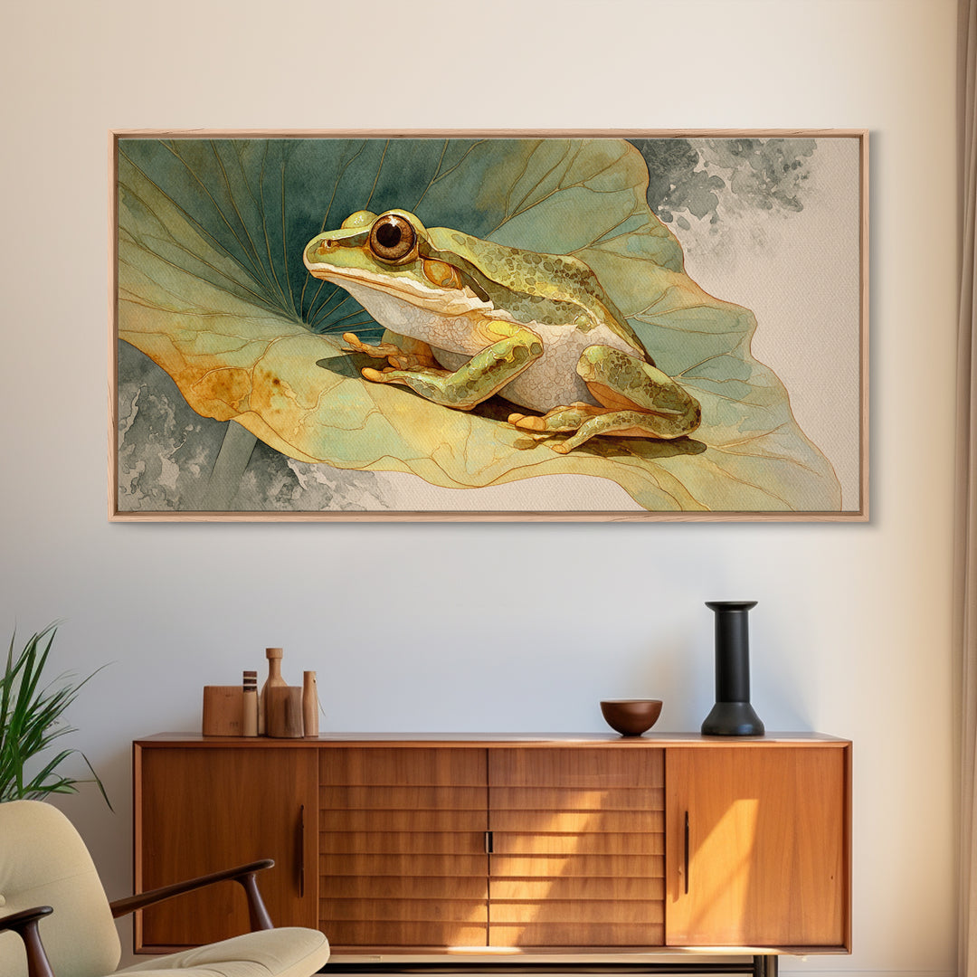 Frog on a Lotus Leaf Framed Canvas Print, Animal Art, Home Decor, Living Room Decor, Fine Art, Creature, Art Deco, Original Art, ANI-2x1-40