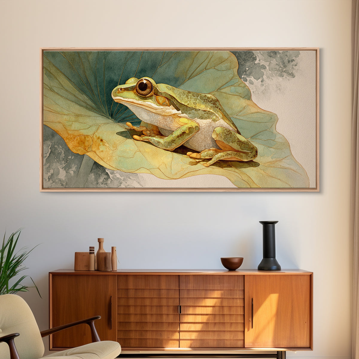 Frog on a Lotus Leaf Framed Canvas Print, Animal Art, Home Decor, Living Room Decor, Fine Art, Creature, Art Deco, Original Art, ANI-2x1-40