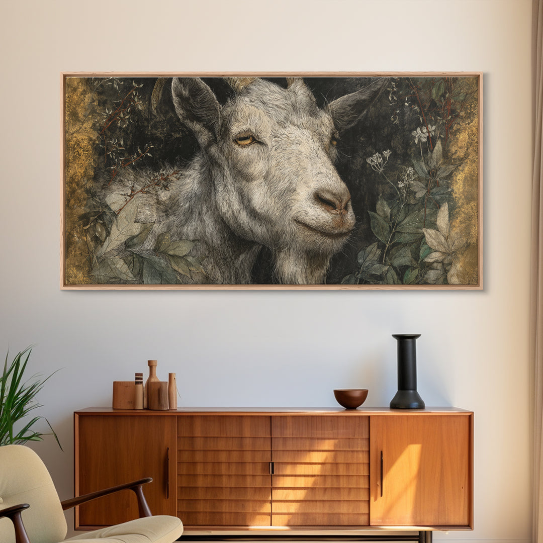 Goat Portrait with Rustic Folk Art Personality Canvas Print, Animal Art, Contemporary Art, Living Room Decor, Creature, ANI-2x1-41
