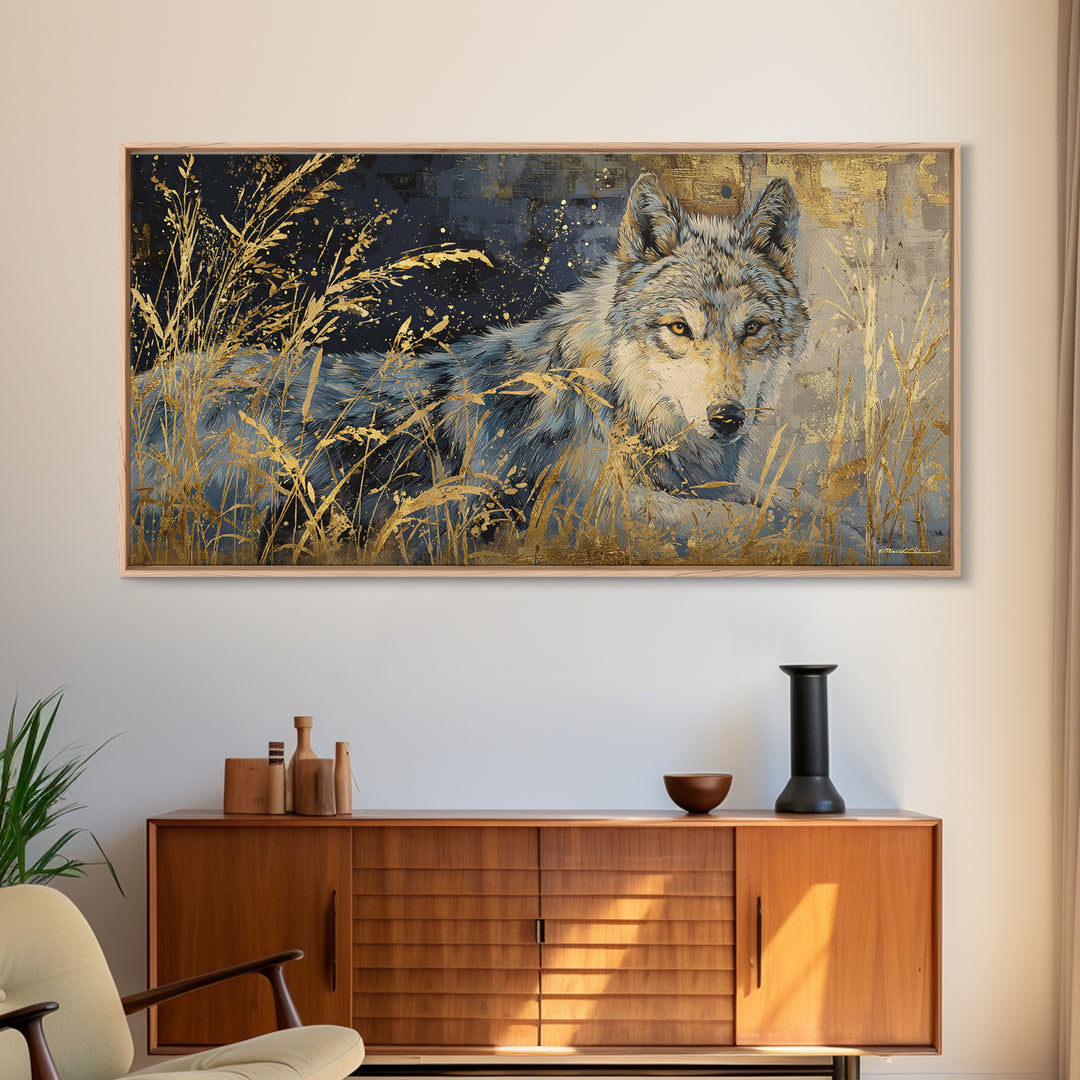 Wolf Silhouette Beneath a Star Filled Sky Framed Canvas Print, Animal Art, Statement Artwork, Living Room Decor, Creature, ANI-2x1-42