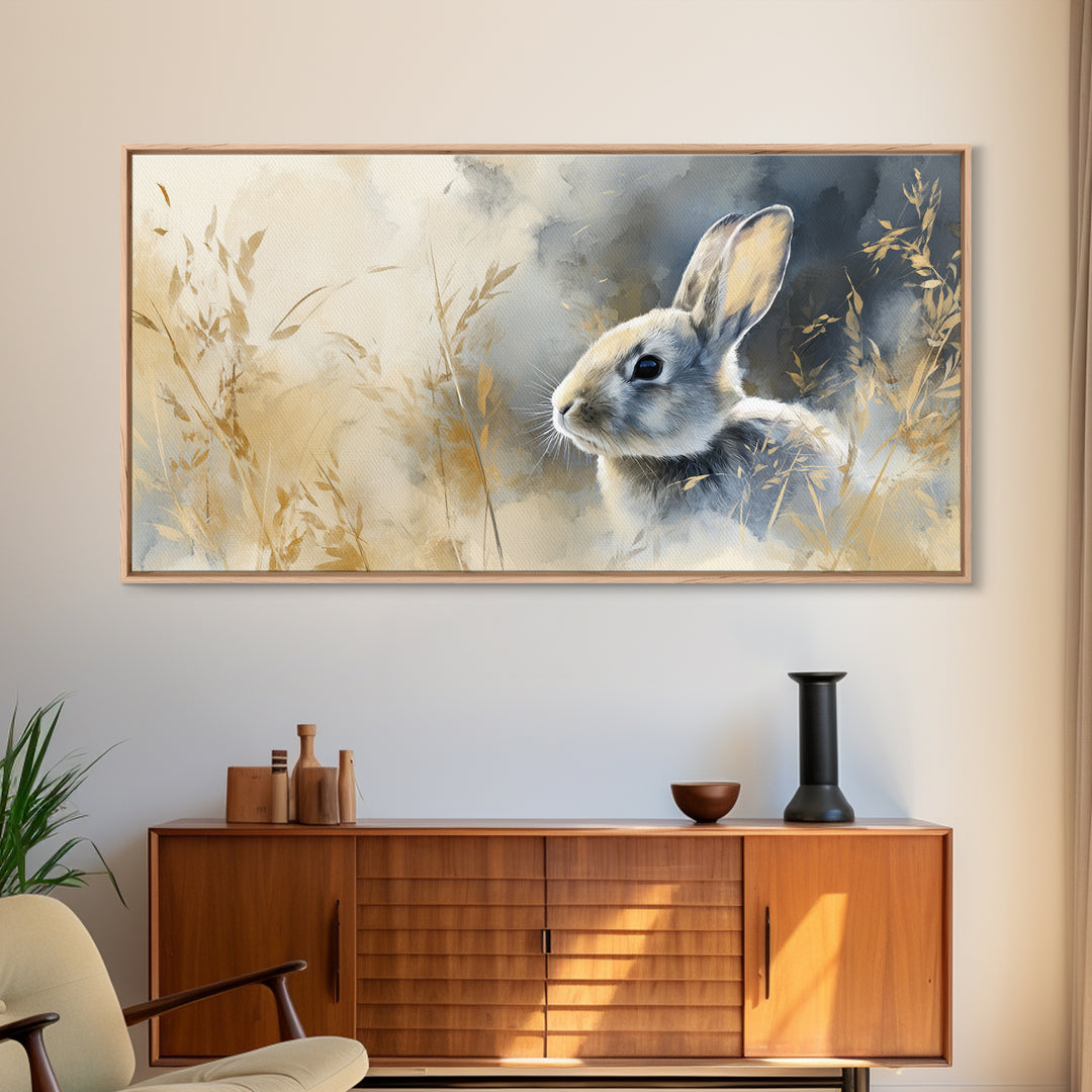 Curious Rabbit in a Soft Watercolor Meadow Canvas Print, Animal Art, Digital Art, Living Room Decor, Fine Art, Creature, ANI-2x1-49