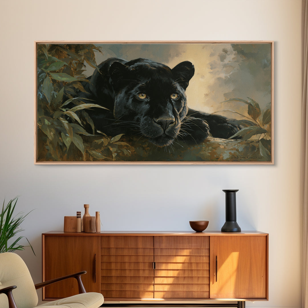 Dramatic Black Panther Emerging from Deep Jungle Canvas Print, Animal Art, Minimalist Decor, Living Room Decor, Creature, ANI-2x1-50
