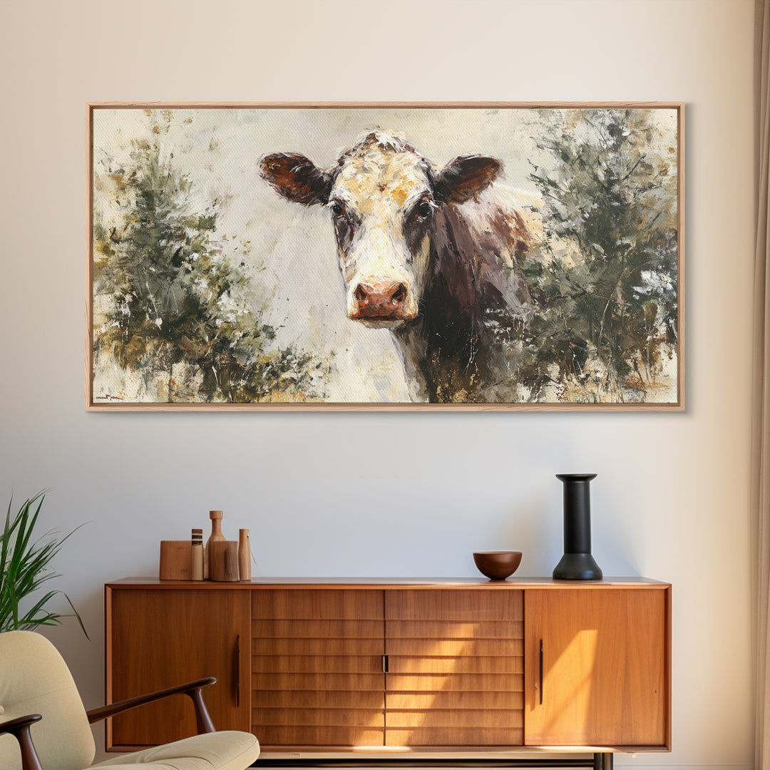 Gentle Cow Portrait Framed Canvas Print, Animal Art, Nursery Decor, Living Room Decor, Fine Art, Creature, Nursery Art, ANI-2x1-51