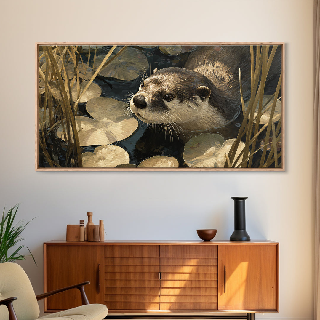 Playful Otter Floating Among Lily Pads Canvas Print, Animal Art, Decor, Living Room Decor, Fine Art, Creature, Digital Print, ANI-2x1-52