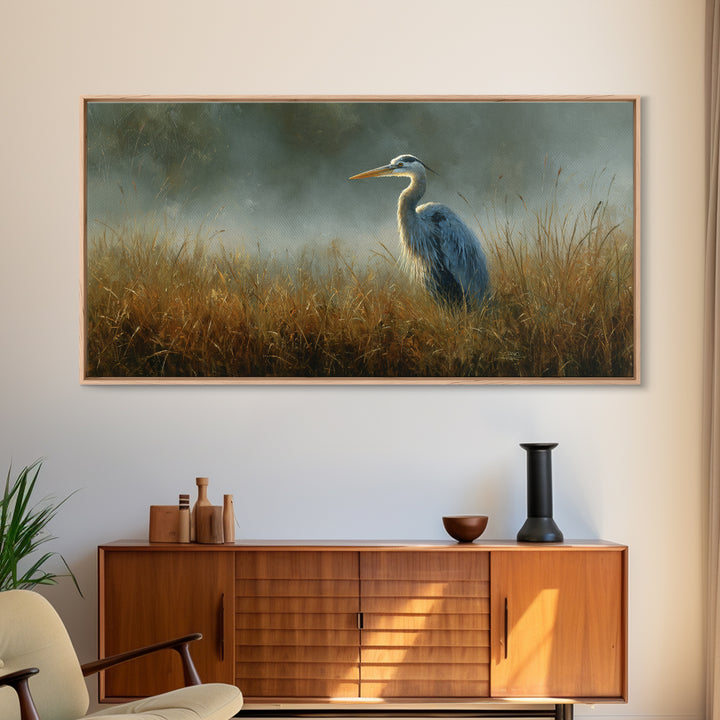 Blue Heron Standing Framed Canvas Print, Animal Art, Art Deco, Living Room Decor, Creature, Cat Art, Safari Nursery Decor, ANI-2x1-55