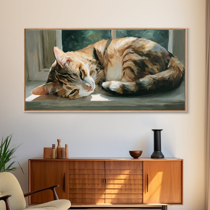 Sleeping Cat Curled Framed Canvas Print, Animal Art, Digital Prints, Living Room Decor, Fine Art, Creature, Printable Art, ANI-2x1-56