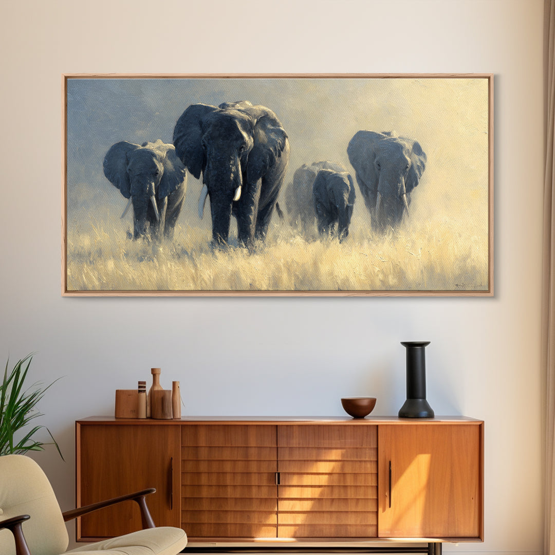 Elephant Family Walking Through Dusty Golden Light Canvas Print, Animal Art, Wall Art, Living Room Decor, Fine Art, Creature, ANI-2x1-58