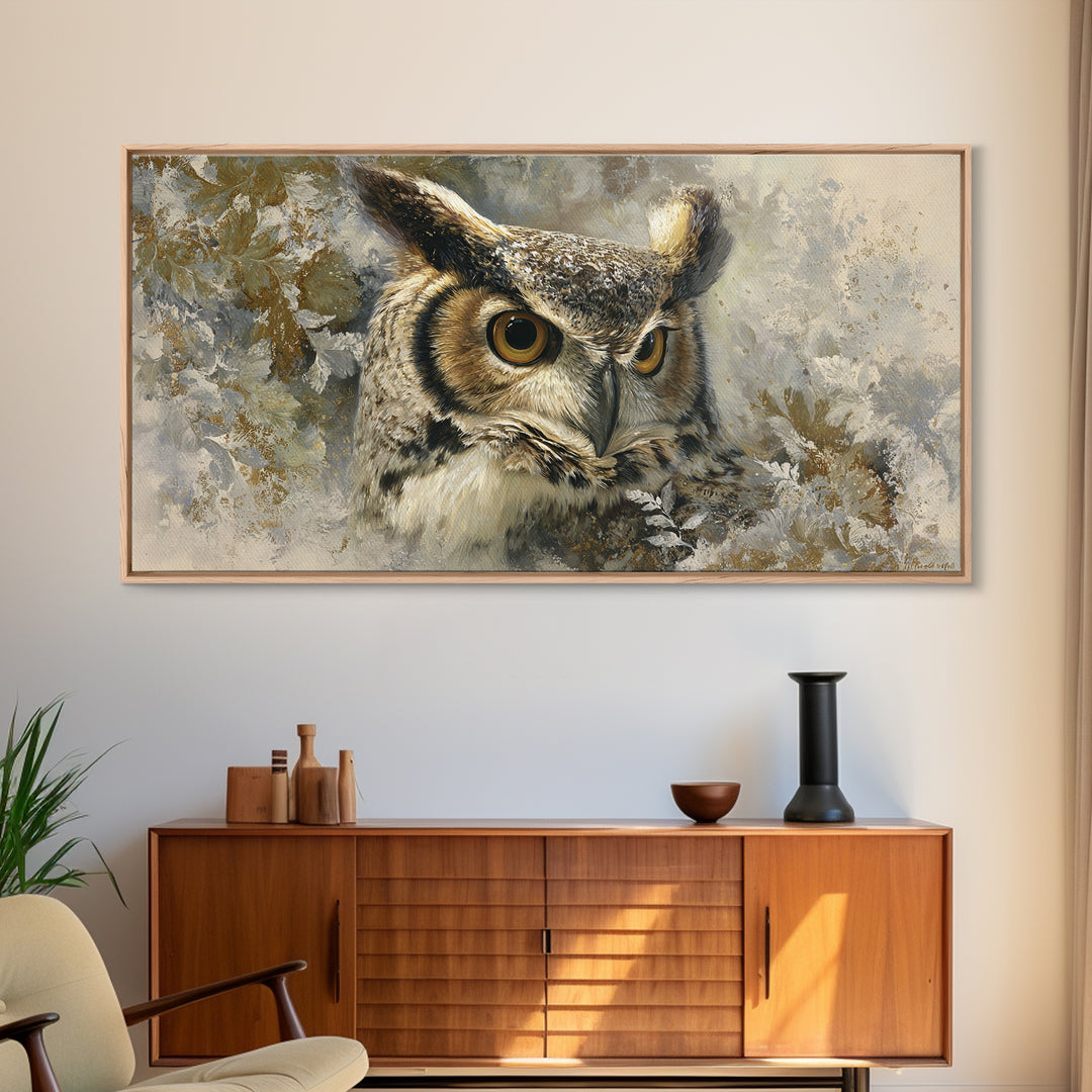 Owl with Moonlit Feathers and Celestial Accents Framed Canvas Print, Animal Art, Nursery, Living Room Decor, Watercolor Art, ANI-2x1-59