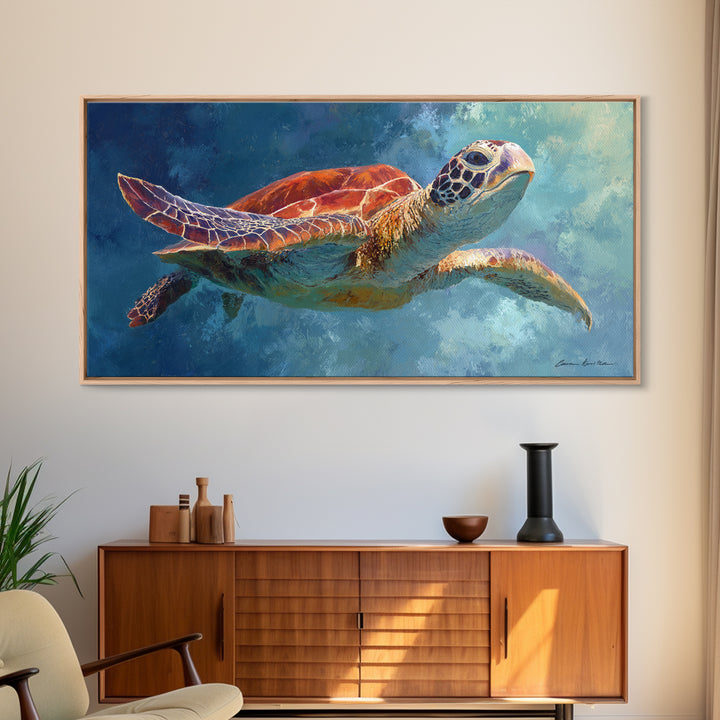 Sea Turtle Drifting Through Luminous Blue Water Canvas Print, Animal Art, Room Decor, Living Room Decor, Oil Painting, Creature, ANI-2x1-62
