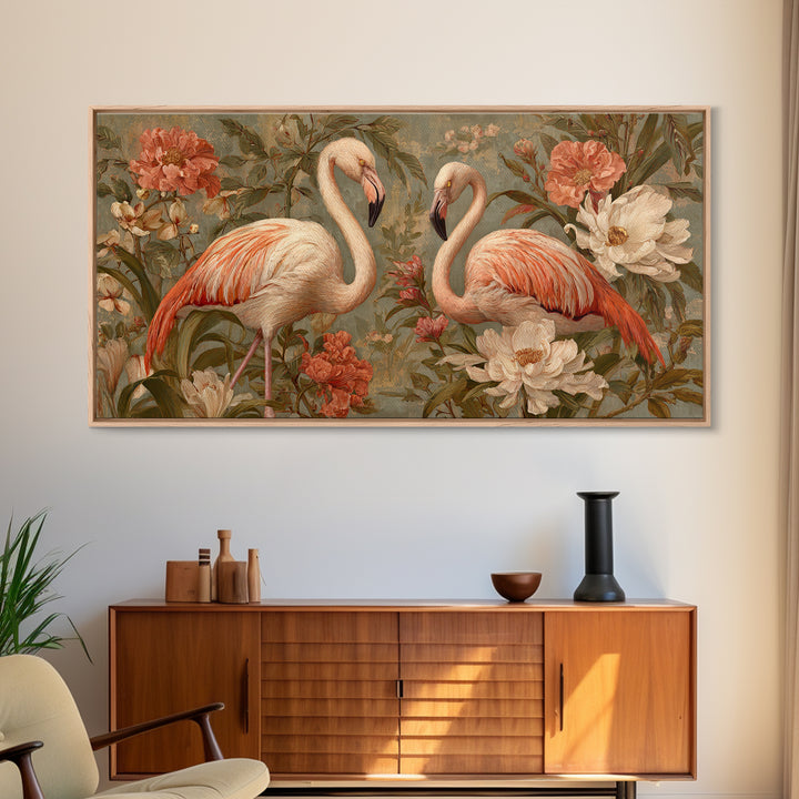 Flamingo Pair in Elegant Coral and Cream Canvas Print, Animal Art, Nursery Wall Art, Living Room Decor, Fine Art, Creature, ANI-2x1-63
