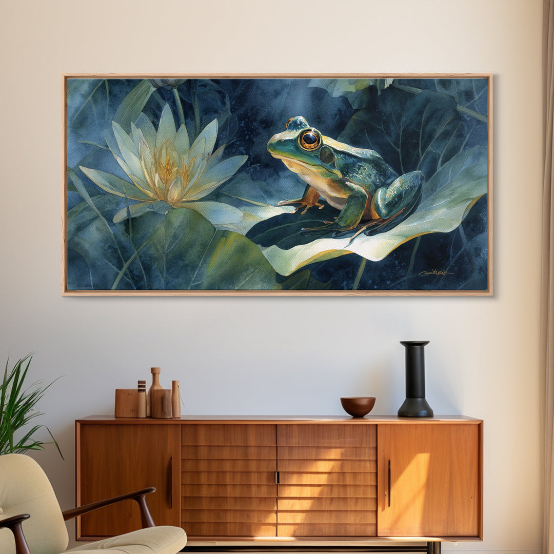 Frog on a Lotus Leaf Canvas Print, Animal Art, Digital Art, Living Room Decor, Oil Painting, Creature, Farmhouse Decor, ANI-2x1-64