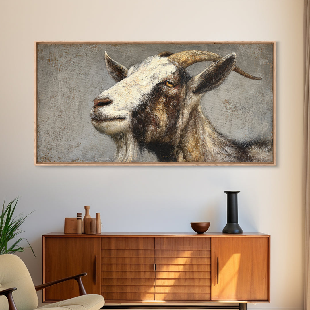 Goat Portrait with Rustic Folk Art Personality Framed Canvas Print, Animal Art, Digital Prints, Living Room Decor, Creature, ANI-2x1-65