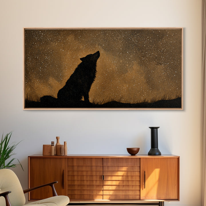 Wolf Silhouette Beneath a Star Filled Sky Canvas Print, Animal Art, Living Room Decor, Watercolor Art, Creature, ANI-2x1-66