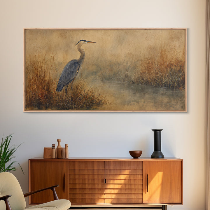 Blue Heron Standing Framed Canvas Print, Animal Art, Art, Living Room Decor, Fine Art, Creature, Original Art, Nursery Wall Art, ANI-2x1-7