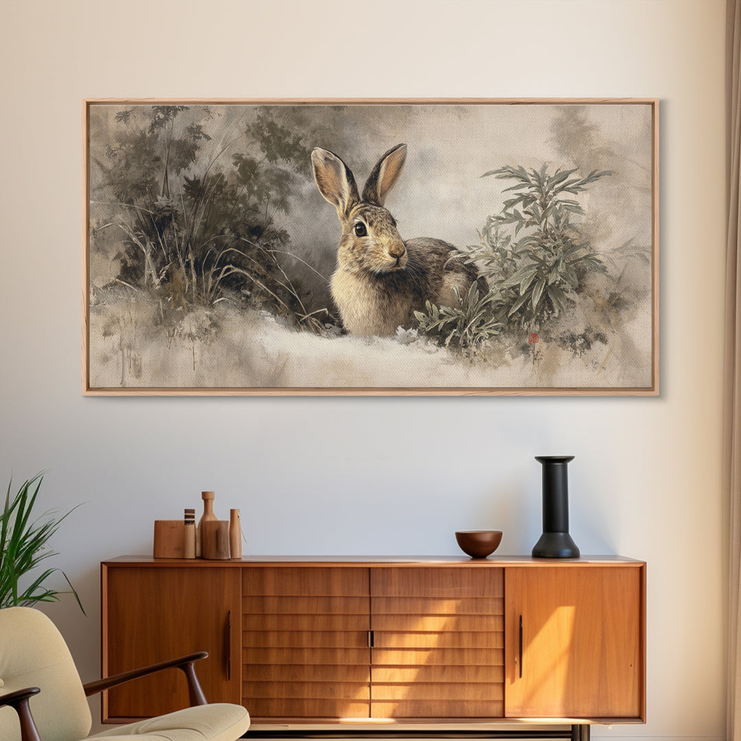 Curious Rabbit in a Soft Watercolor Meadow Canvas Print, Animal Art, Digital Art, Living Room Decor, Fine Art, Creature, ANI-2x1-73