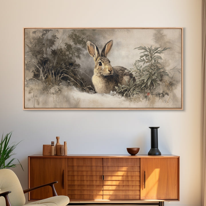 Curious Rabbit in a Soft Watercolor Meadow Canvas Print, Animal Art, Digital Art, Living Room Decor, Fine Art, Creature, ANI-2x1-73