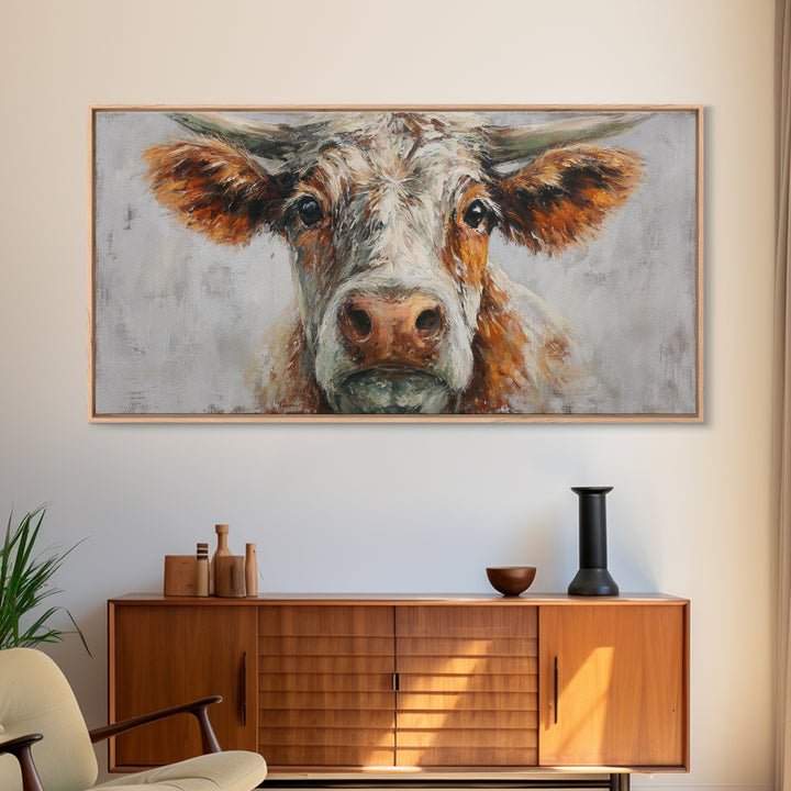 Gentle Cow Portrait Framed Canvas Print, Animal Art, Boho Decor, Living Room Decor, Oil Painting, Creature, Digital Prints, ANI-2x1-75