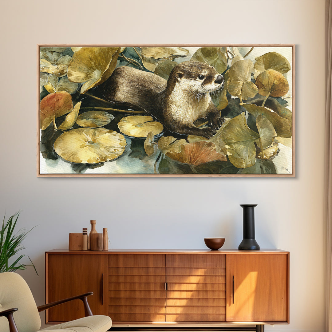 Playful Otter Floating Among Lily Pads Canvas Print, Animal Art, Nursery Wall Art, Living Room Decor, Fine Art, Creature, ANI-2x1-76