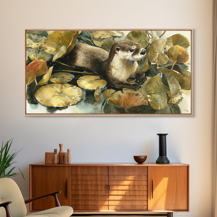 Playful Otter Floating Among Lily Pads Canvas Print, Animal Art, Nursery Wall Art, Living Room Decor, Fine Art, Creature, ANI-2x1-76