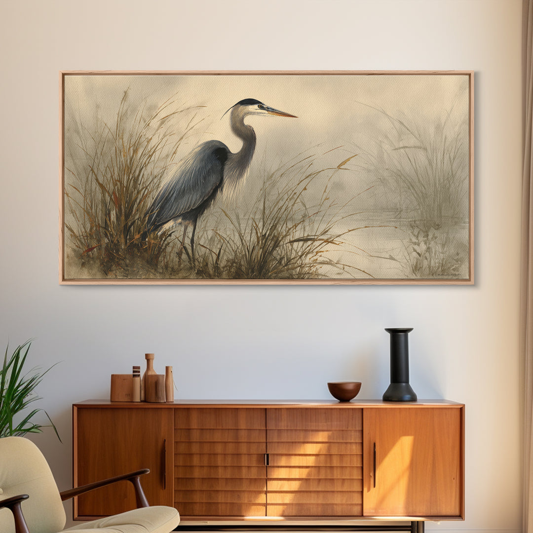 Blue Heron Standing Framed Canvas Print, Animal Art, Nursery Art, Living Room Decor, Fine Art, Creature, Luxury Decor, ANI-2x1-79