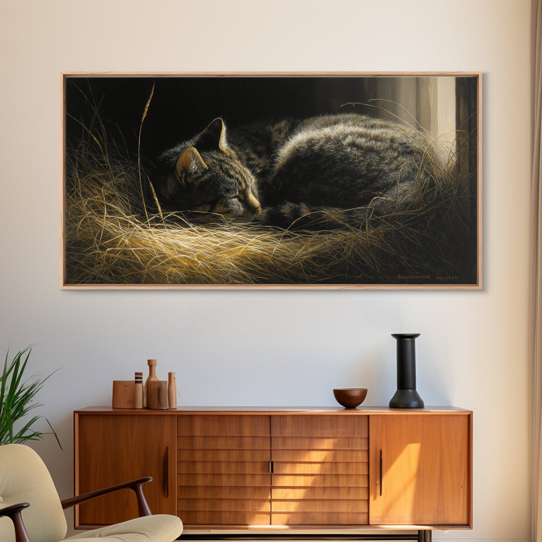 Sleeping Cat Curled Framed Canvas Print, Animal Art, Digital Print, Living Room Decor, Fine Art, Creature, Colorful Wall Art, ANI-2x1-80