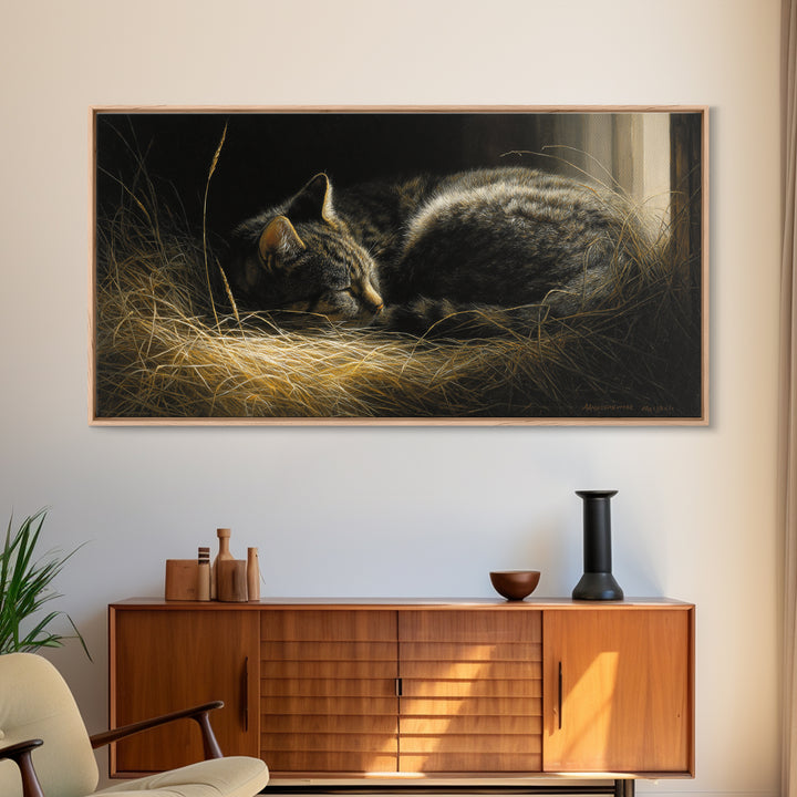 Sleeping Cat Curled Framed Canvas Print, Animal Art, Digital Print, Living Room Decor, Fine Art, Creature, Colorful Wall Art, ANI-2x1-80