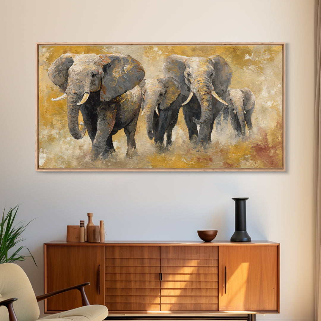 Elephant Family Walking Through Dusty Golden Light Canvas Print, Animal Art, Wall Art, Living Room Decor, Fine Art, Creature, ANI-2x1-82
