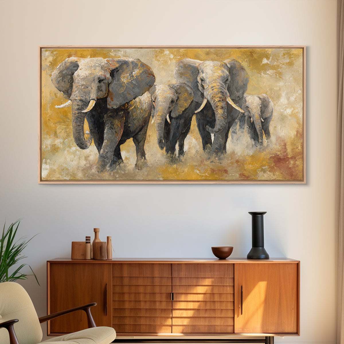 Elephant Family Walking Through Dusty Golden Light Canvas Print, Animal Art, Wall Art, Living Room Decor, Fine Art, Creature, ANI-2x1-82