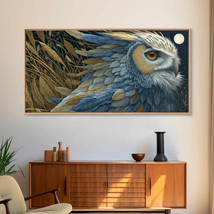 Owl with Moonlit Feathers and Celestial Accents Framed Canvas Print, Animal Art, Contemporary Art, Living Room Decor, Creature, ANI-2x1-83