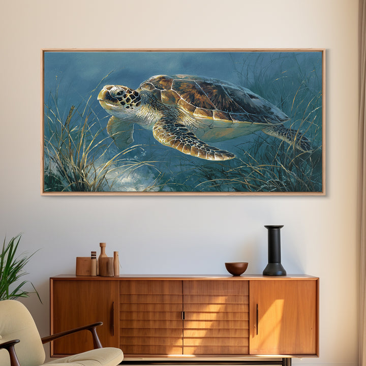 Sea Turtle Drifting Through Luminous Blue Water Framed Canvas Print, Animal Art, Home Decor, Living Room Decor, Creature, ANI-2x1-86