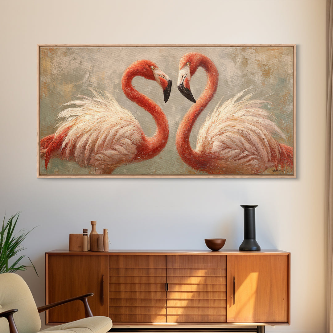 Flamingo Pair in Elegant Coral and Cream Framed Canvas Print, Animal Art, Living Room Decor, Fine Art, Creature, Fine Art Print, ANI-2x1-87