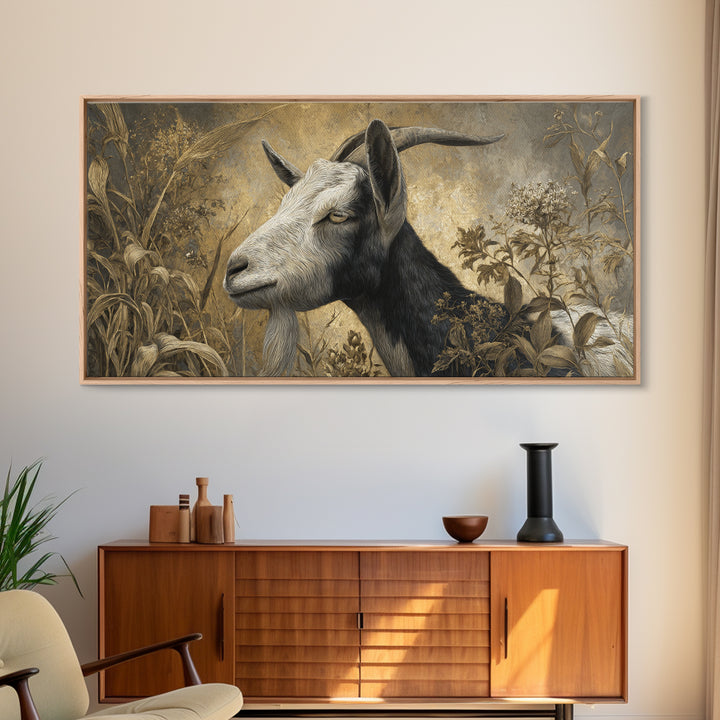 Goat Portrait with Rustic Folk Art Personality Canvas Print, Animal Art, Oil Painting, Living Room Decor, Fine Art, Creature, ANI-2x1-89