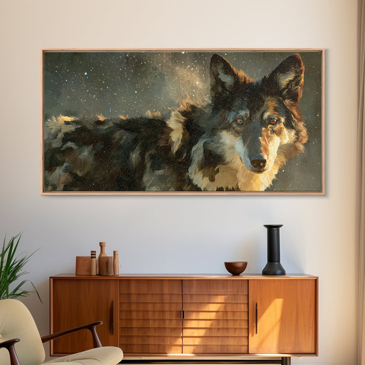 Wolf Silhouette Beneath a Star Filled Sky Framed Canvas Print, Animal Art, Art, Living Room Decor, Oil Painting, Creature, ANI-2x1-90