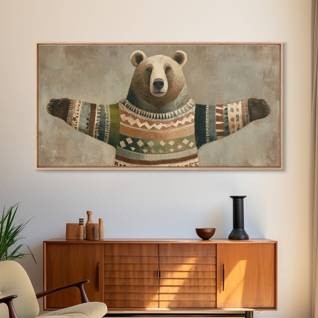 Whimsical Bear in a Patterned Sweater with Canvas Print, Animal Art, Wall Decor, Living Room Decor, Fine Art, Creature, ANI-2x1-94