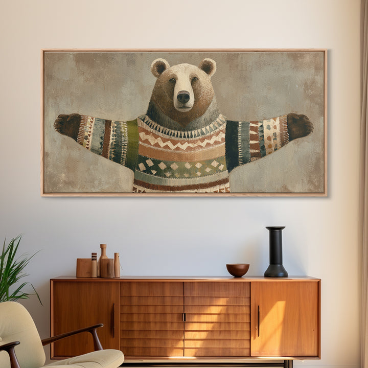 Whimsical Bear in a Patterned Sweater with Canvas Print, Animal Art, Wall Decor, Living Room Decor, Fine Art, Creature, ANI-2x1-94