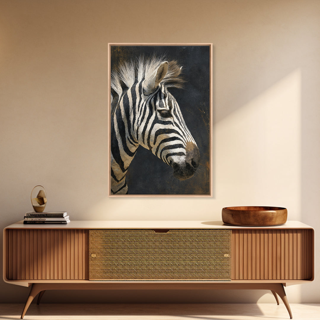 Zebra Portrait with Bold Graphic Stripe Pattern Framed Canvas Print, Animal Art, Wall Art, Living Room Decor, Creature, ANI-2x3-1
