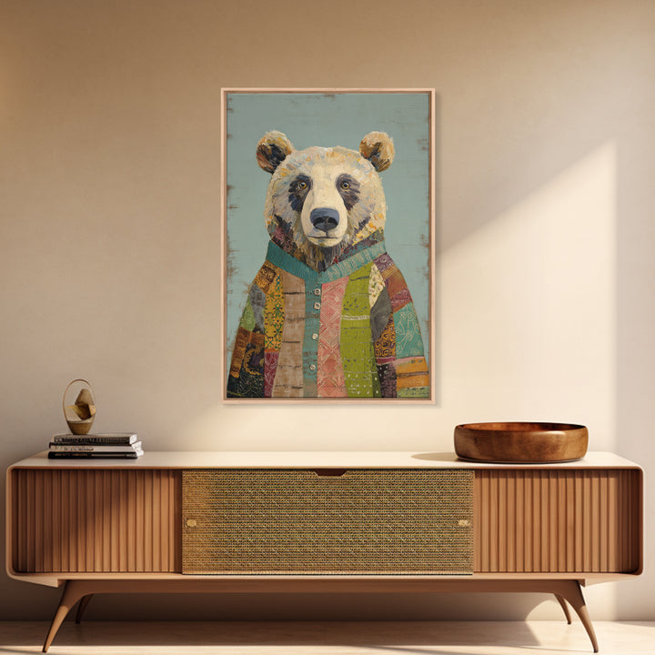 Whimsical Bear in a Patterned Sweater with Canvas Print, Animal Art, Luxury Decor, Living Room Decor, Fine Art, Creature, ANI-2x3-10