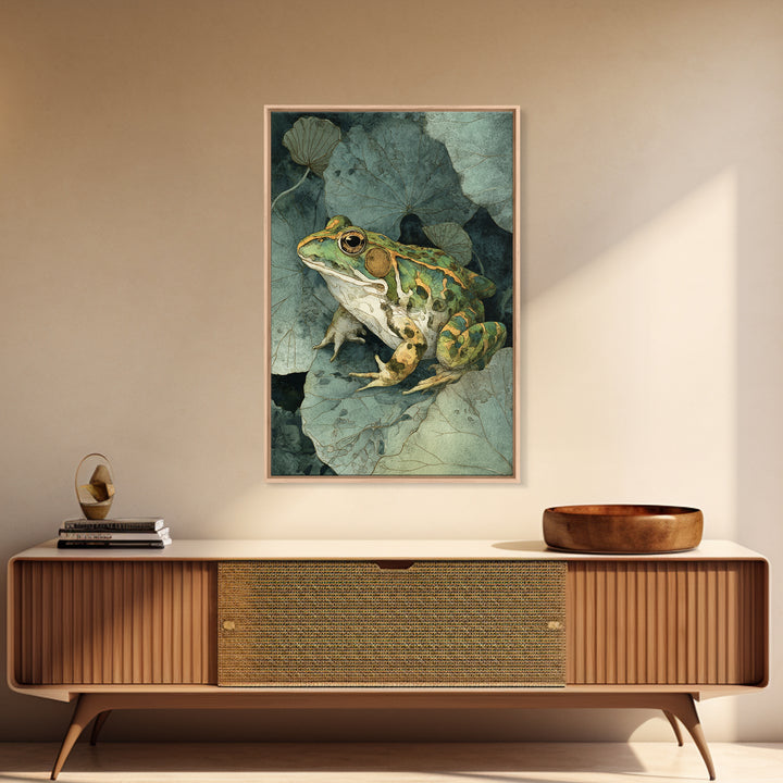 Frog on a Lotus Leaf Framed Canvas Print, Animal Art, Art Print, Living Room Decor, Watercolor Art, Creature, Digital Art, ANI-2x3-100