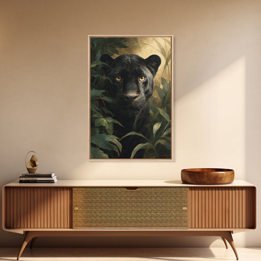 Dramatic Black Panther Emerging from Deep Jungle Canvas Print, Animal Art, Art Print, Living Room Decor, Oil Painting, Creature, ANI-2x3-14