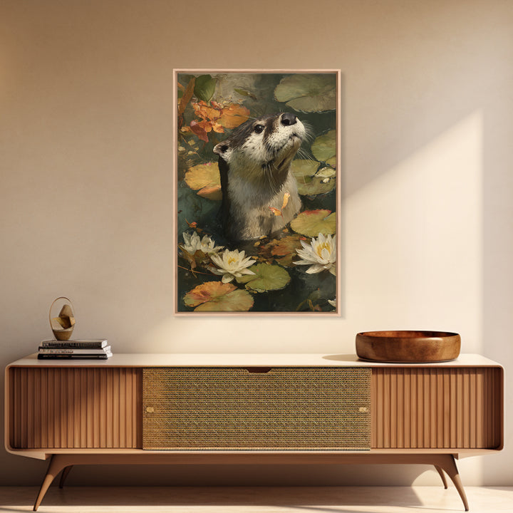 Playful Otter Floating Among Lily Pads Canvas Print, Animal Art, Boho Wall Art, Living Room Decor, Fine Art, Creature, ANI-2x3-16