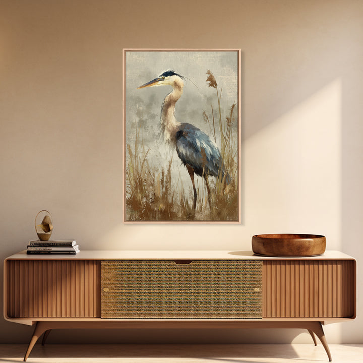 Blue Heron Standing Framed Canvas Print, Animal Art, Neutral Decor, Living Room Decor, Fine Art, Creature, Wall Art, Home Decor, ANI-2x3-19