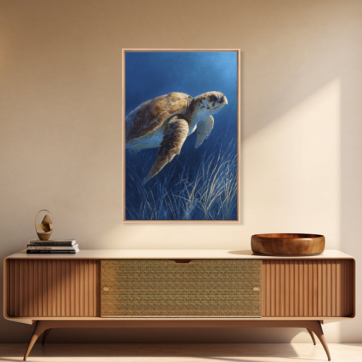 Sea Turtle Drifting Through Luminous Blue Water Framed Canvas Print, Animal Art, Boho Decor, Living Room Decor, Abstract Art, ANI-2x3-2