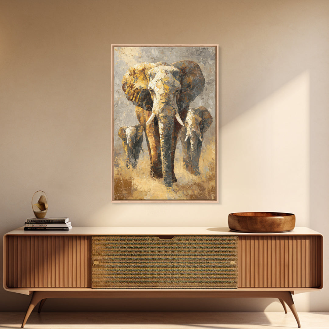 Elephant Family Walking Through Dusty Golden Light Canvas Print, Animal Art, Textured Painting, Living Room Decor, Creature, ANI-2x3-22