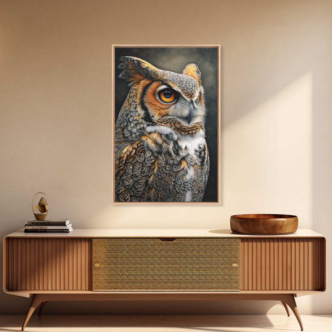 Owl with Moonlit Feathers and Celestial Accents Canvas Print, Animal Art, Art Print, Living Room Decor, Fine Art, Creature, ANI-2x3-23